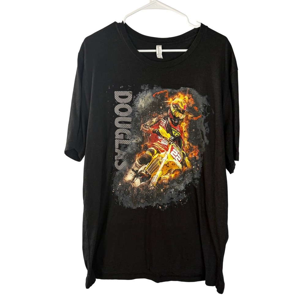 Douglas Motocross Graphic T Shirt Black Flame Dirt Bike Racing Tee Men's 2XL